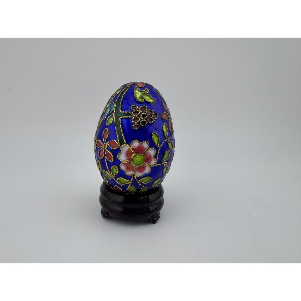 Cloisonne Egg Blue Floral Decorative Ornament Figurine with‎ Stand
